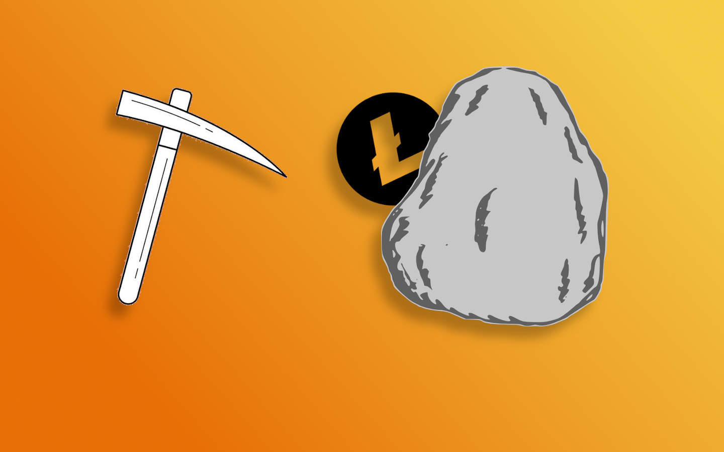 A clipart pickaxe swinging at a rock filled with Litecoin
